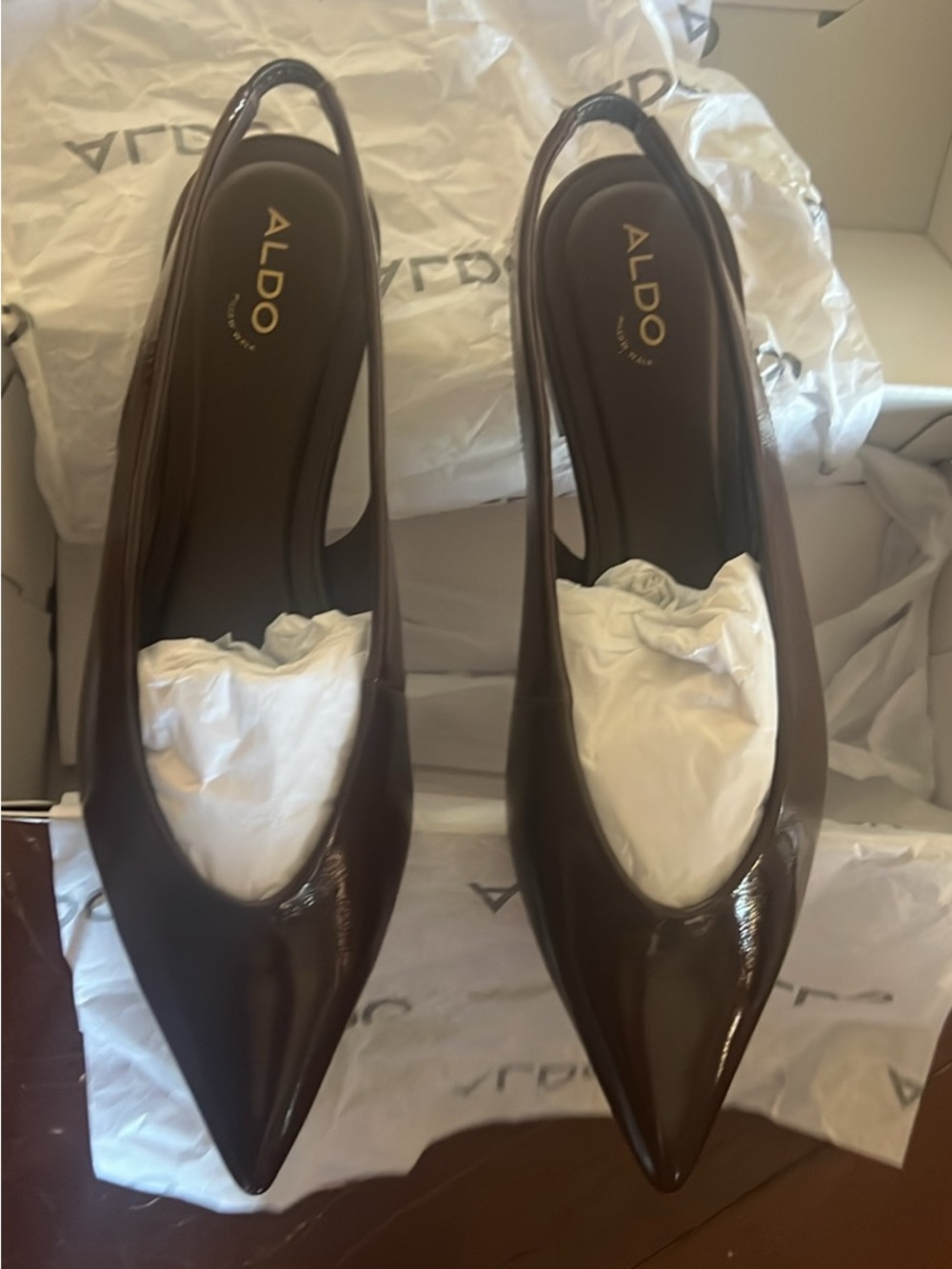 Aldo Brown Patent Pointed-Toe Slingback Flats